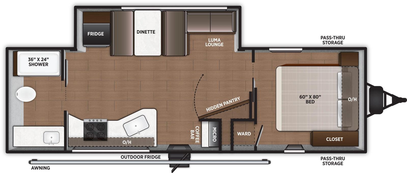 The Airelume 255 floorplan has one entry and one slide out. Exterior features include: metal exterior and 18' awning. Interiors features include: front bedroom and rear bathroom.